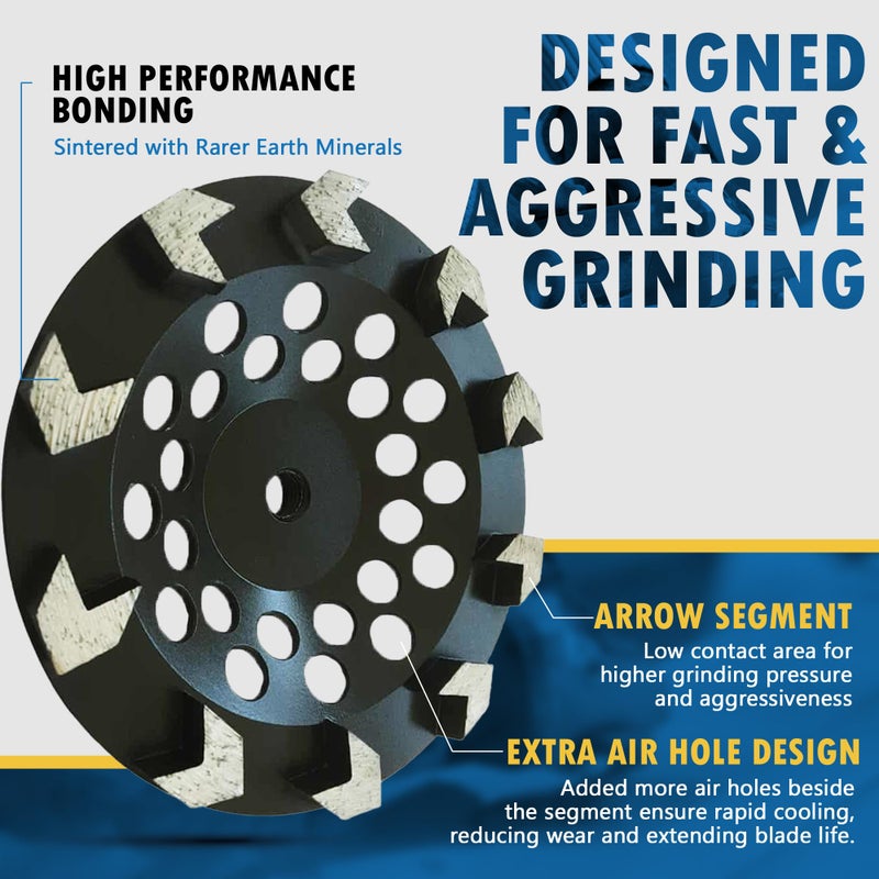 EDiamondTools 7" High Performance Diamond Grinding Wheels for Concrete, Paint, Epoxy, Mastic, Coating Removal, #30/40 Grit, 10 Arrow Segments, 5/8"-11 Arbor - Image 2
